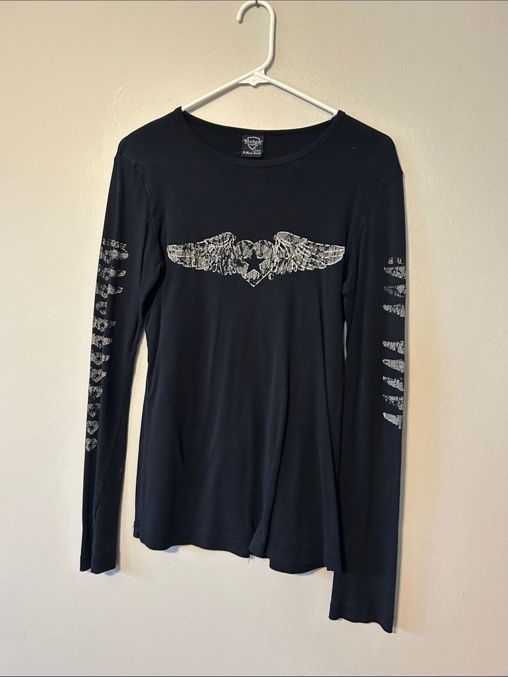 Affliction Black Long-Sleeve Tee with Distressed Winged Heart Graphic